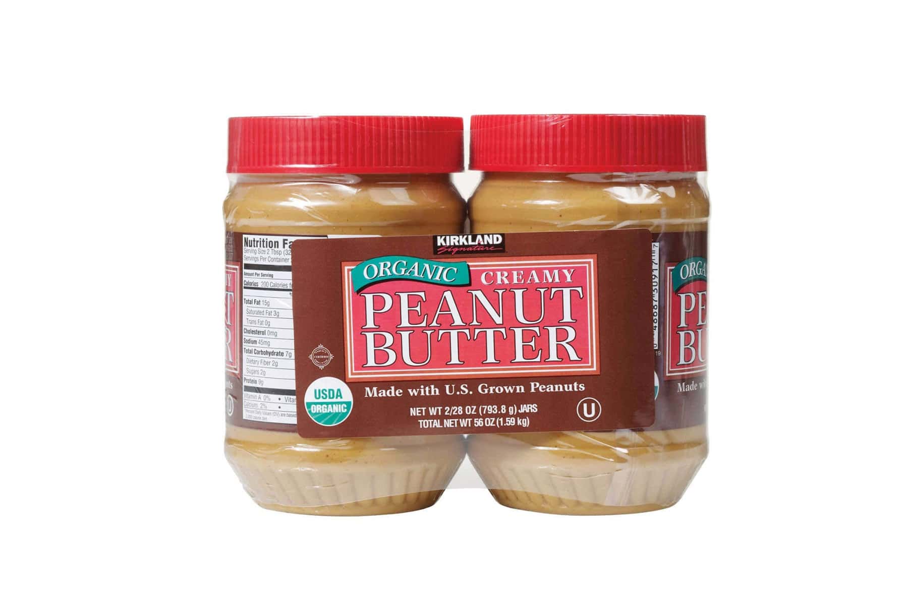 Kirkland Signature Organic Creamy Peanut Butter, two 28 oz jars.