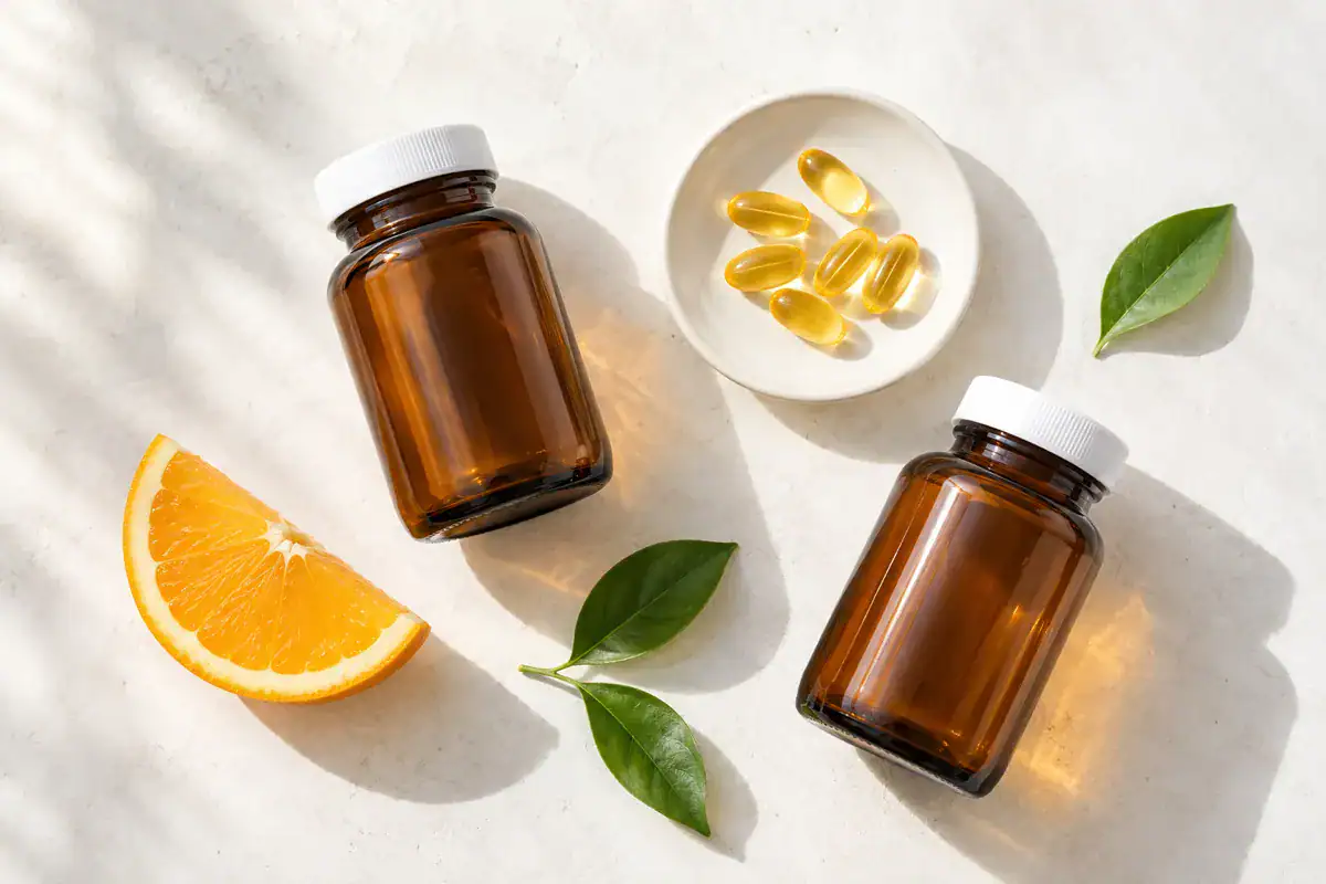 Two unlabeled amber bottles with white caps, yellow softgels in a small white dish, an orange wedge and green leaves