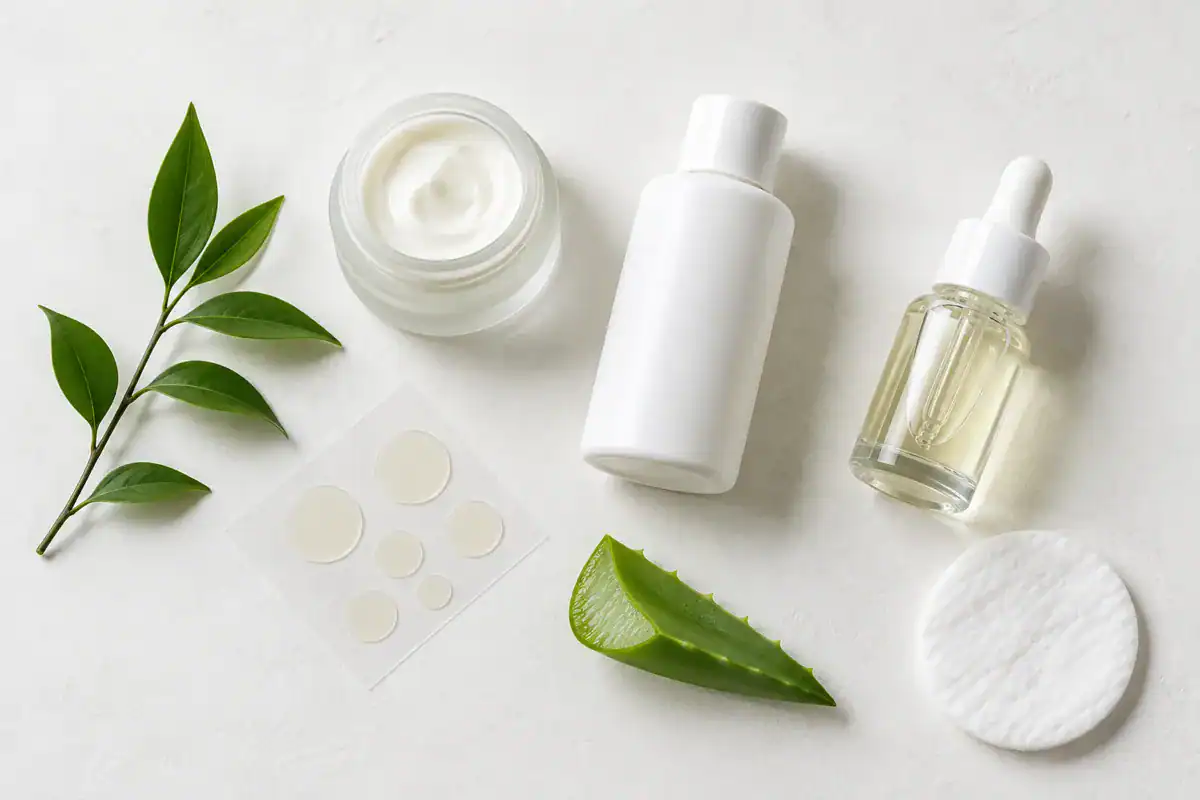 Unlabeled open cream jar, white bottle and dropper bottle, round patches on a sheet, aloe leaf, green sprig and a cotton pad
