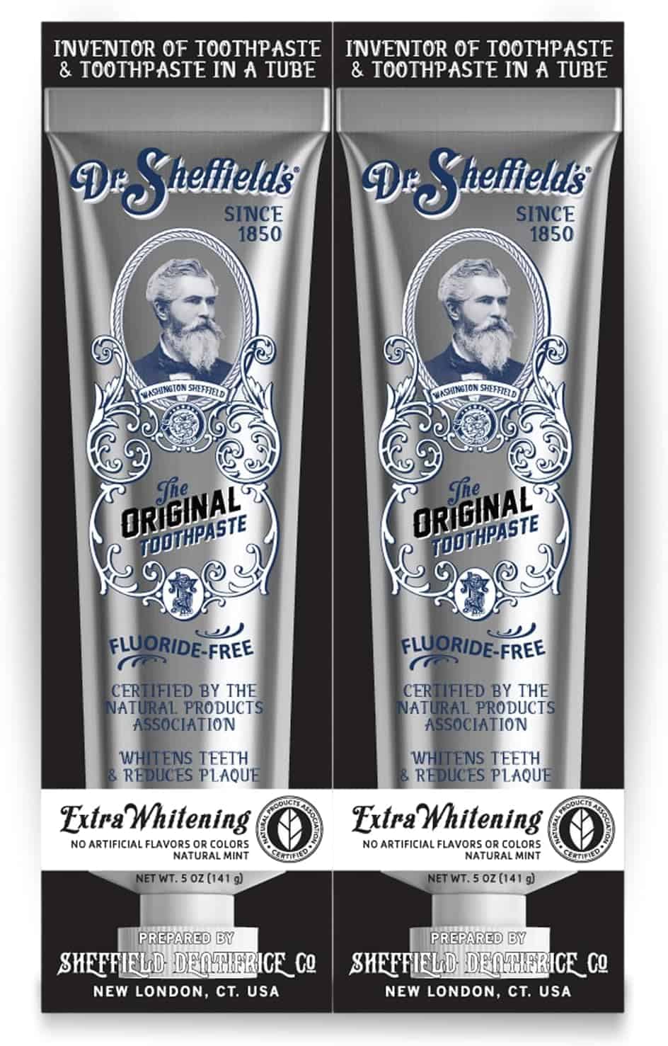 Two boxes of Dr. Sheffield’s Extra Whitening Mint fluoride-free toothpaste