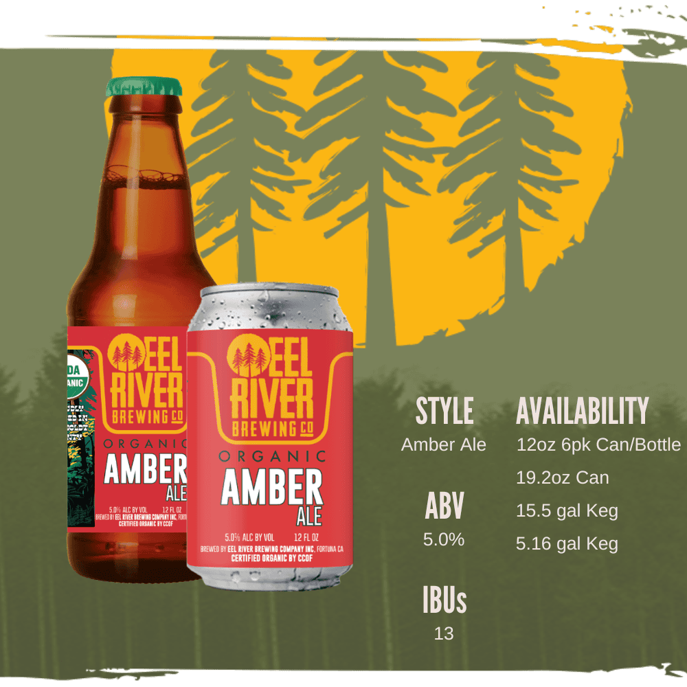Eel River Organic Amber Ale can and bottle in manufacturer artwork