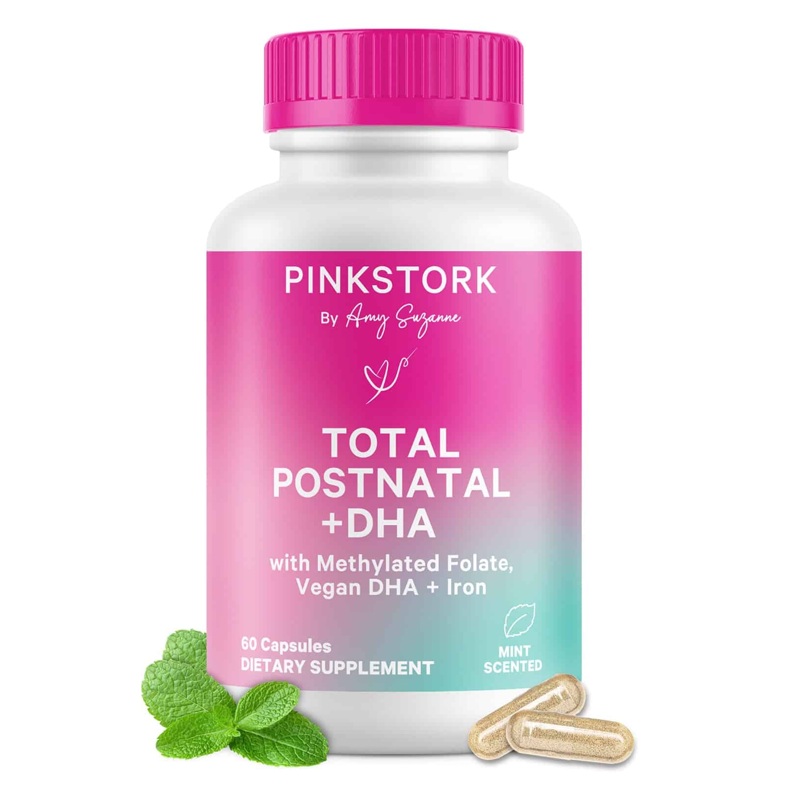 Pink Stork Total Postnatal + DHA Mint, pictured 60-count package