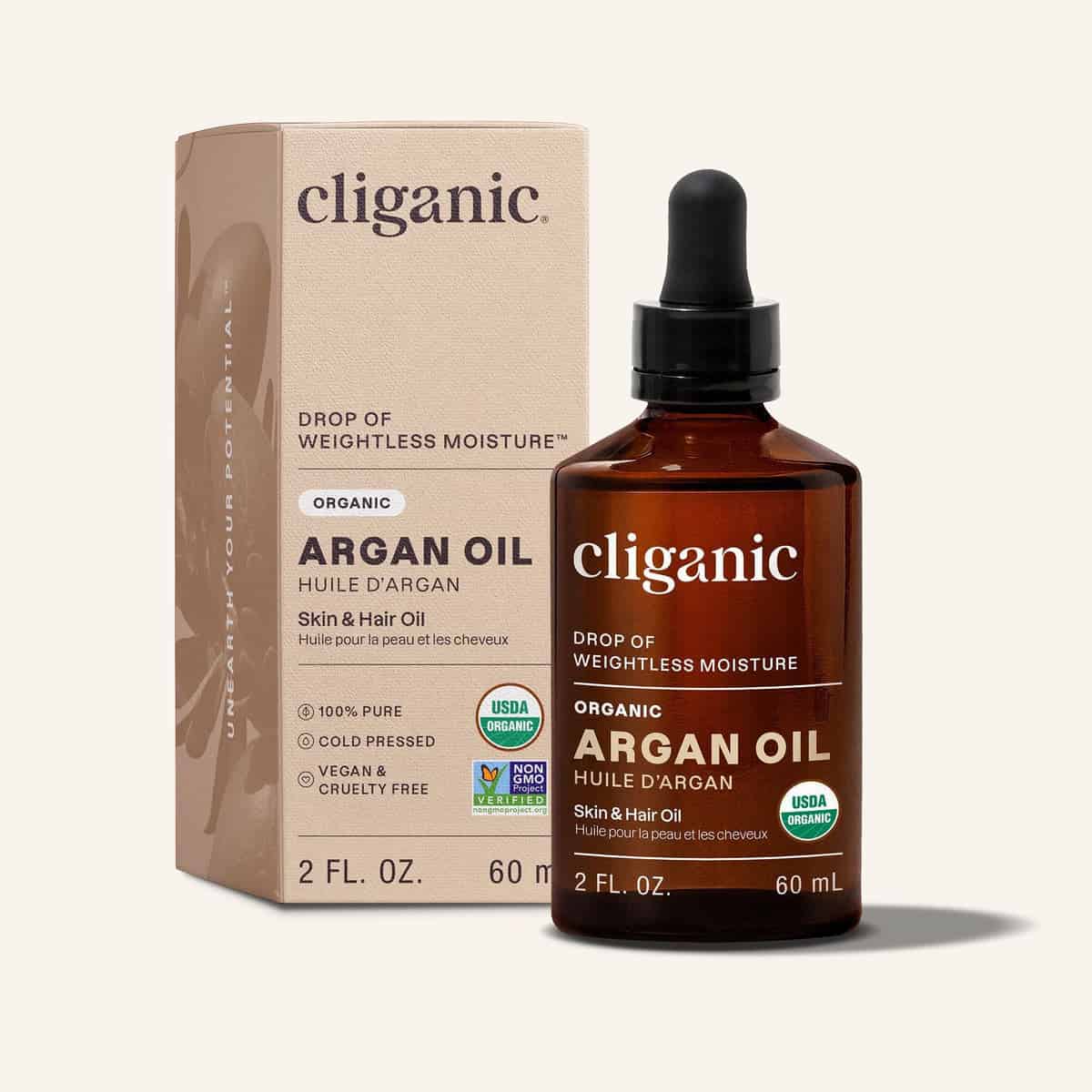 Cliganic argan oil bottle and carton
