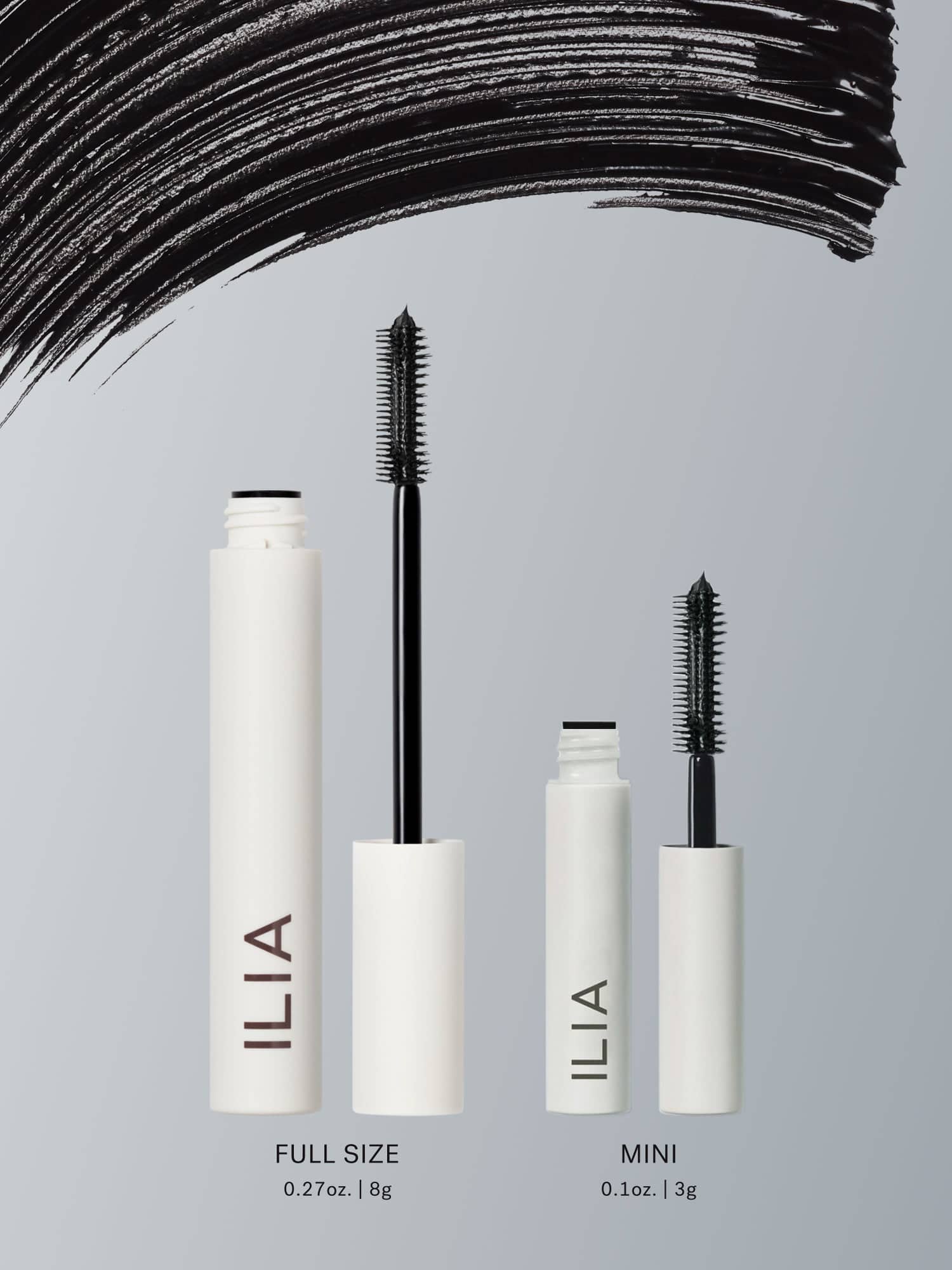 ILIA Limitless Lash Mascara in After Midnight: full 8g size at left and mini3g at right