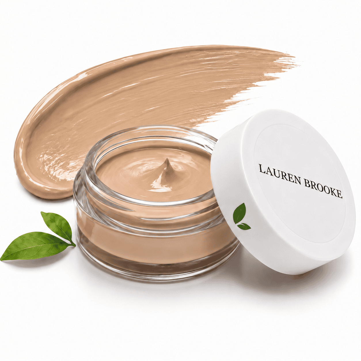Lauren Brooke Crème Foundation in Neutral No. 30, with an open jar and cream swatch
