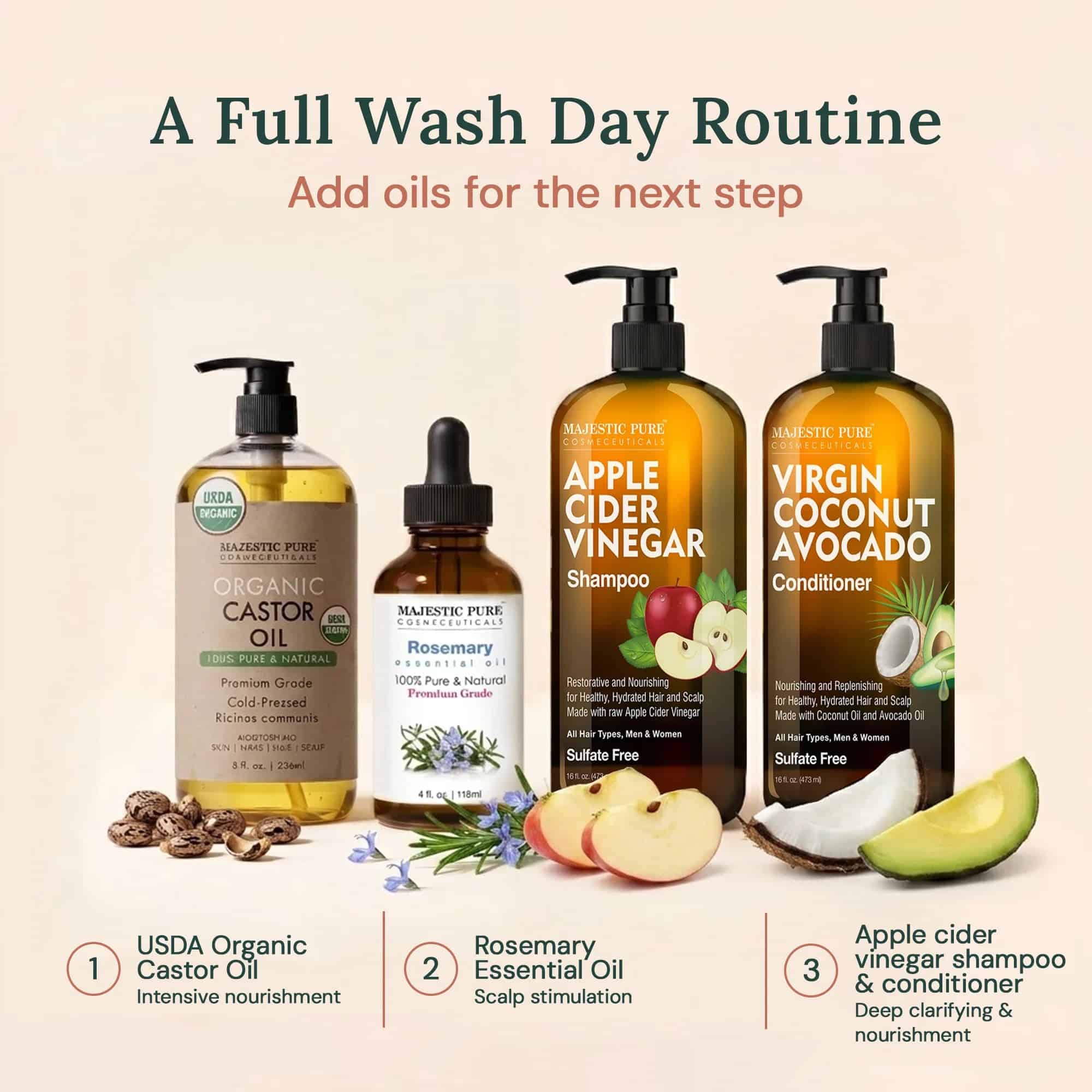 Majestic Pure shampoo and conditioner at right, separate oils at left