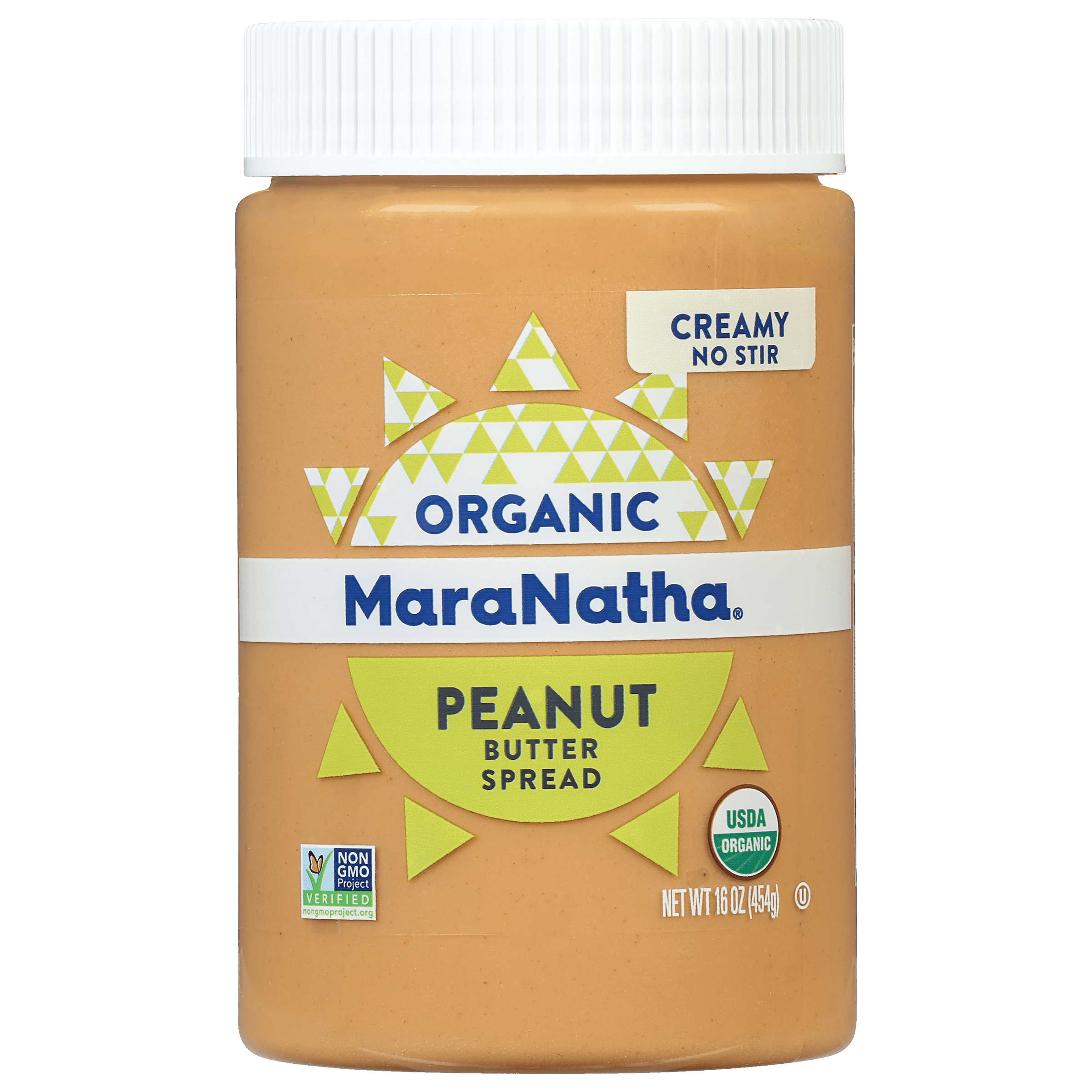 MaraNatha Organic Creamy No Stir Peanut Butter Spread in a 16 oz jar.