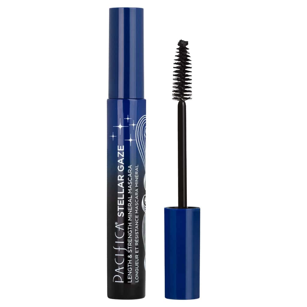Pacifica Stellar Gaze Length & Strength Mineral Mascara in its current glass vial, with the plush brush