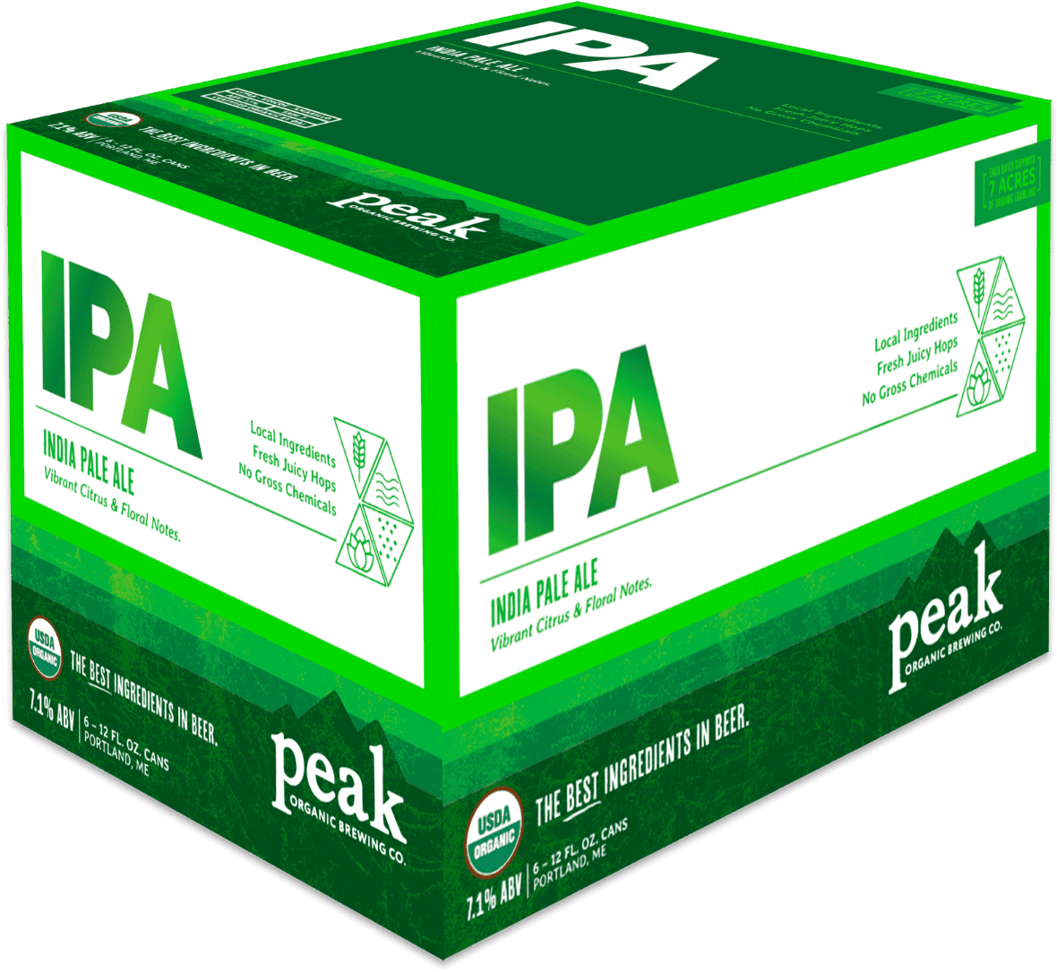 Peak Organic IPA six-can carton, labelled 7.1% ABV and six 12 fl oz cans