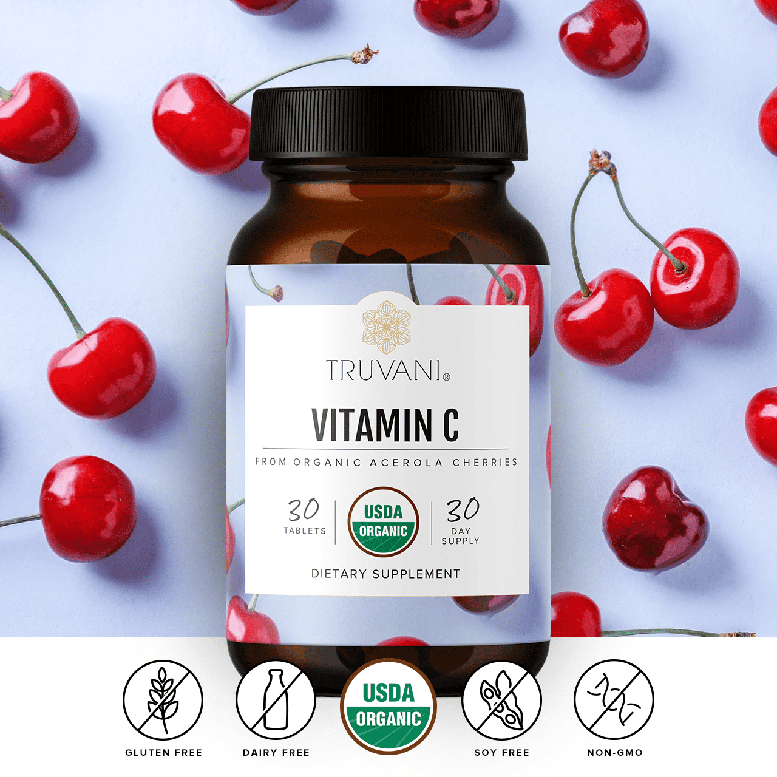 Truvani Vitamin C bottle, 30 tablets