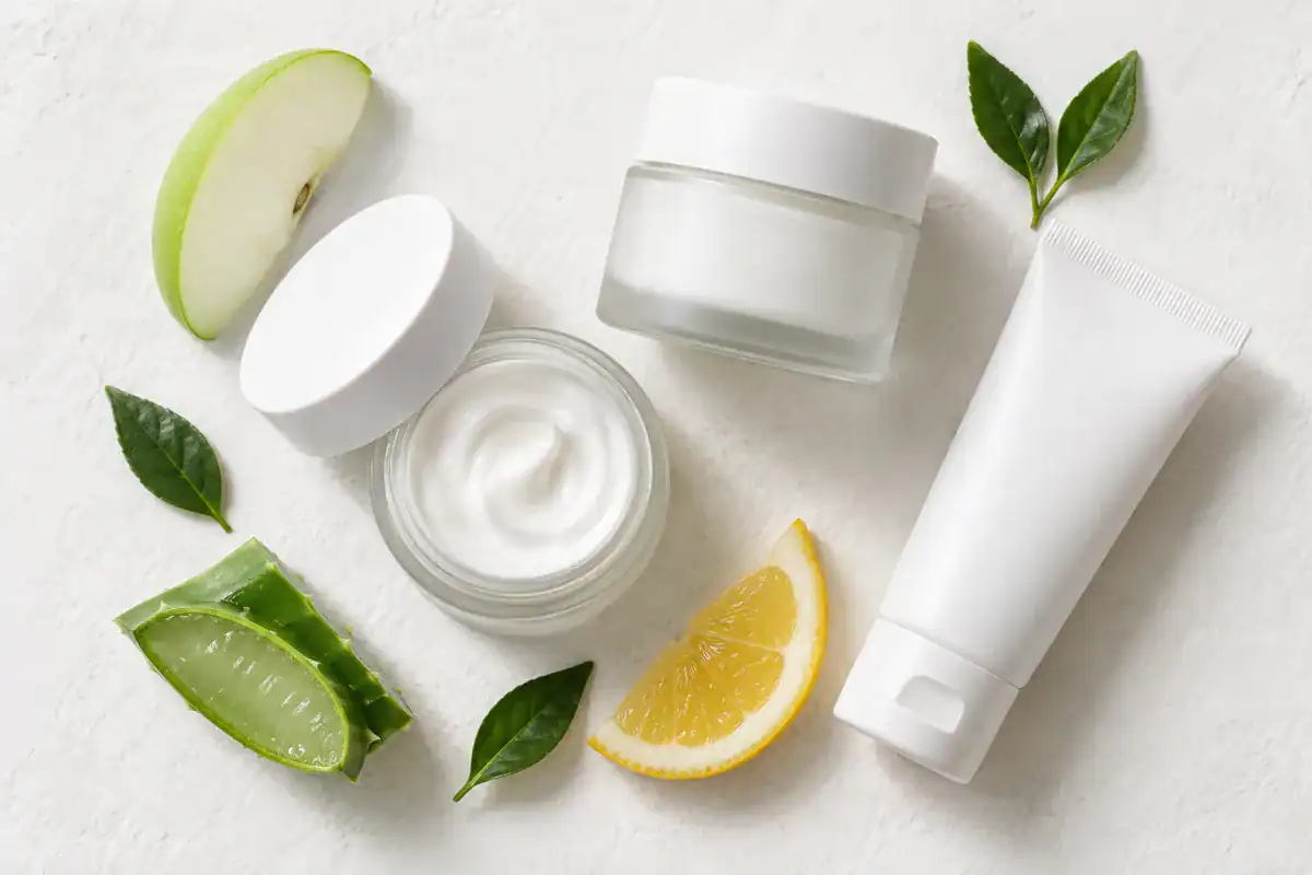 Two unlabeled cream jars, one open, a white tube, a green apple slice, aloe leaf, lemon wedge and leaves on a white surface